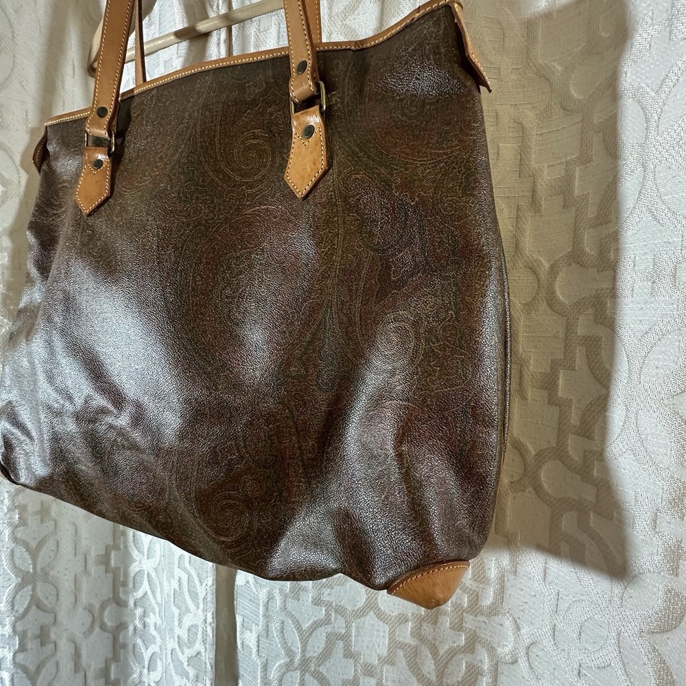 ETRO Paisley Canvas Leather Trim Satchel Handbag Vintage Brown Italy